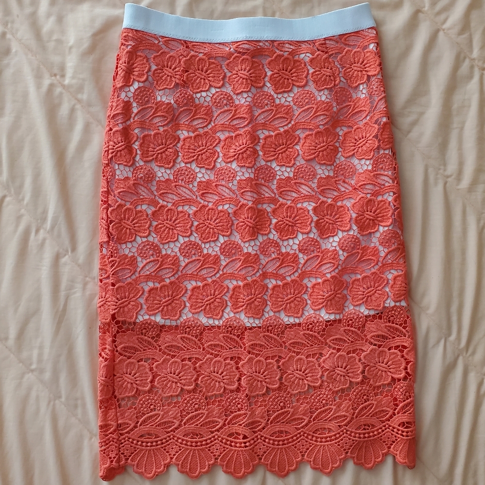 Rebecca Minkoff Angelica Skirt Bright Coral Salmon Lace Overlay Pink Orange